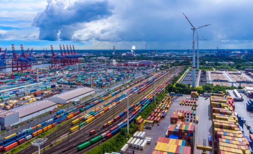 aerial view of a shipping freight dockyard