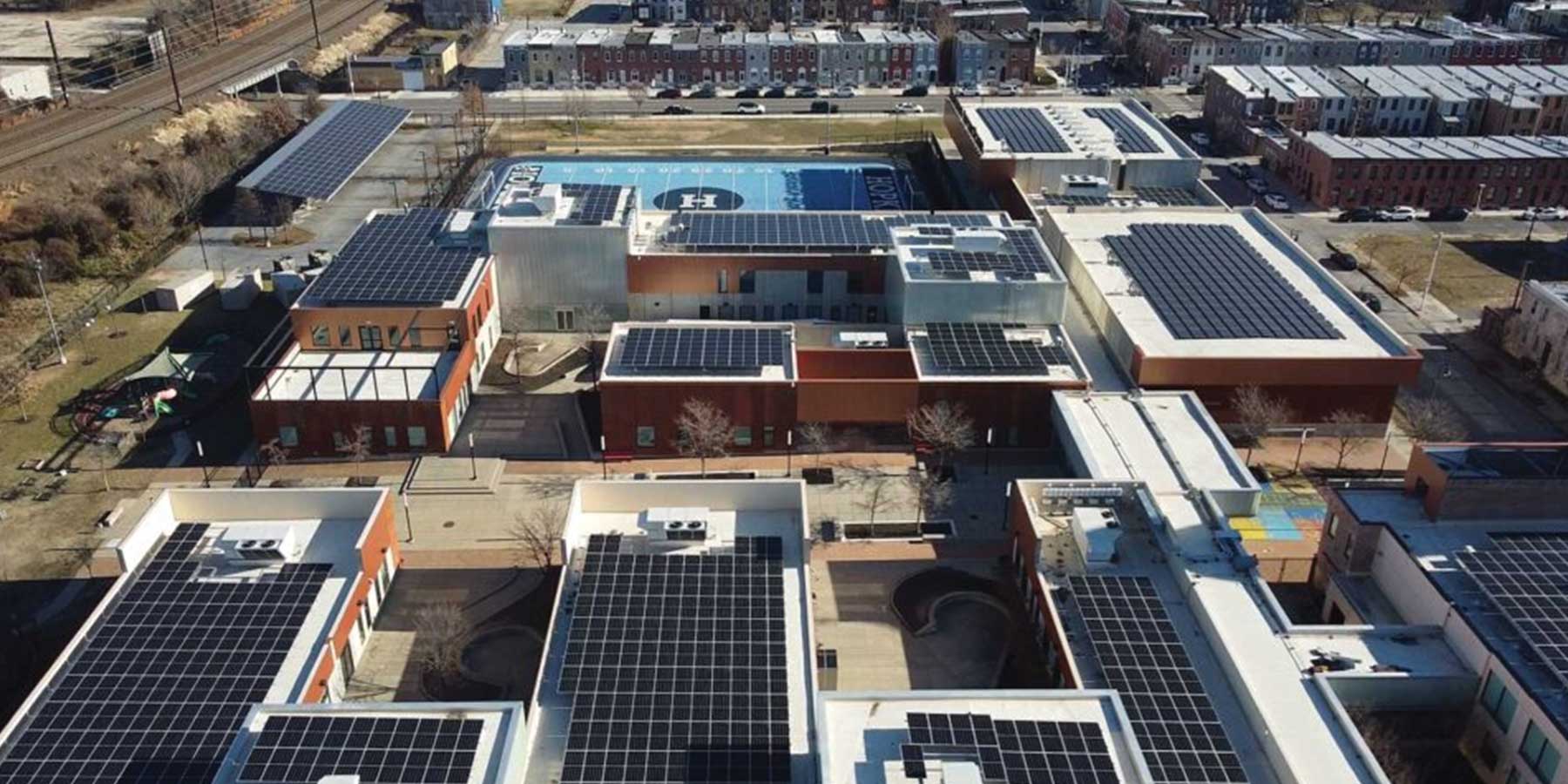 aerial view of Baltimore’s Henderson-Hopkins School and its 808-kilowatt solar array