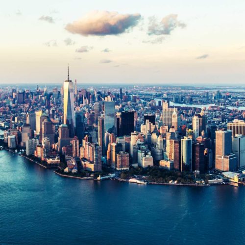 Cityscape surrounded by water