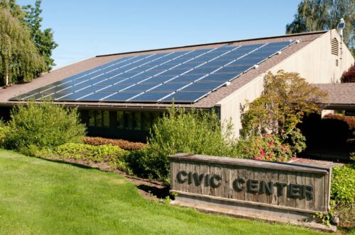 civic center with solar panel roof