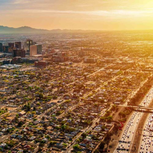 aerial-view-of-city-sunset