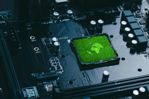 motherboard circuits with earth-like render on the CPU