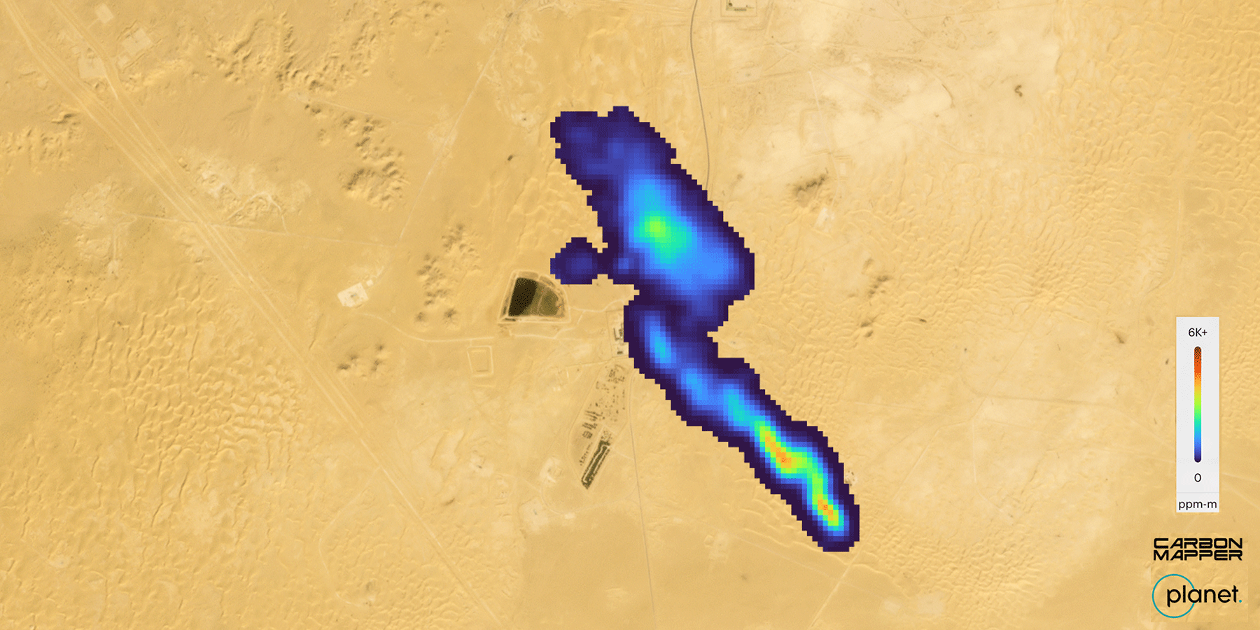 On the background of a satellite image, a methane plume can be seen across a stretch of Algeria.